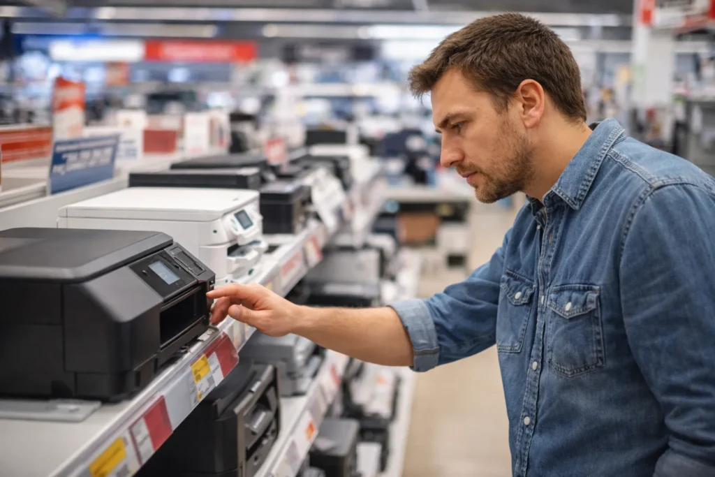 Shopper inspecting printer controls in an electronics store