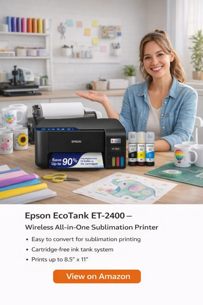 Woman presenting Epson EcoTank ET-2400 printer with refillable ink tanks in a sublimation craft workspace.
