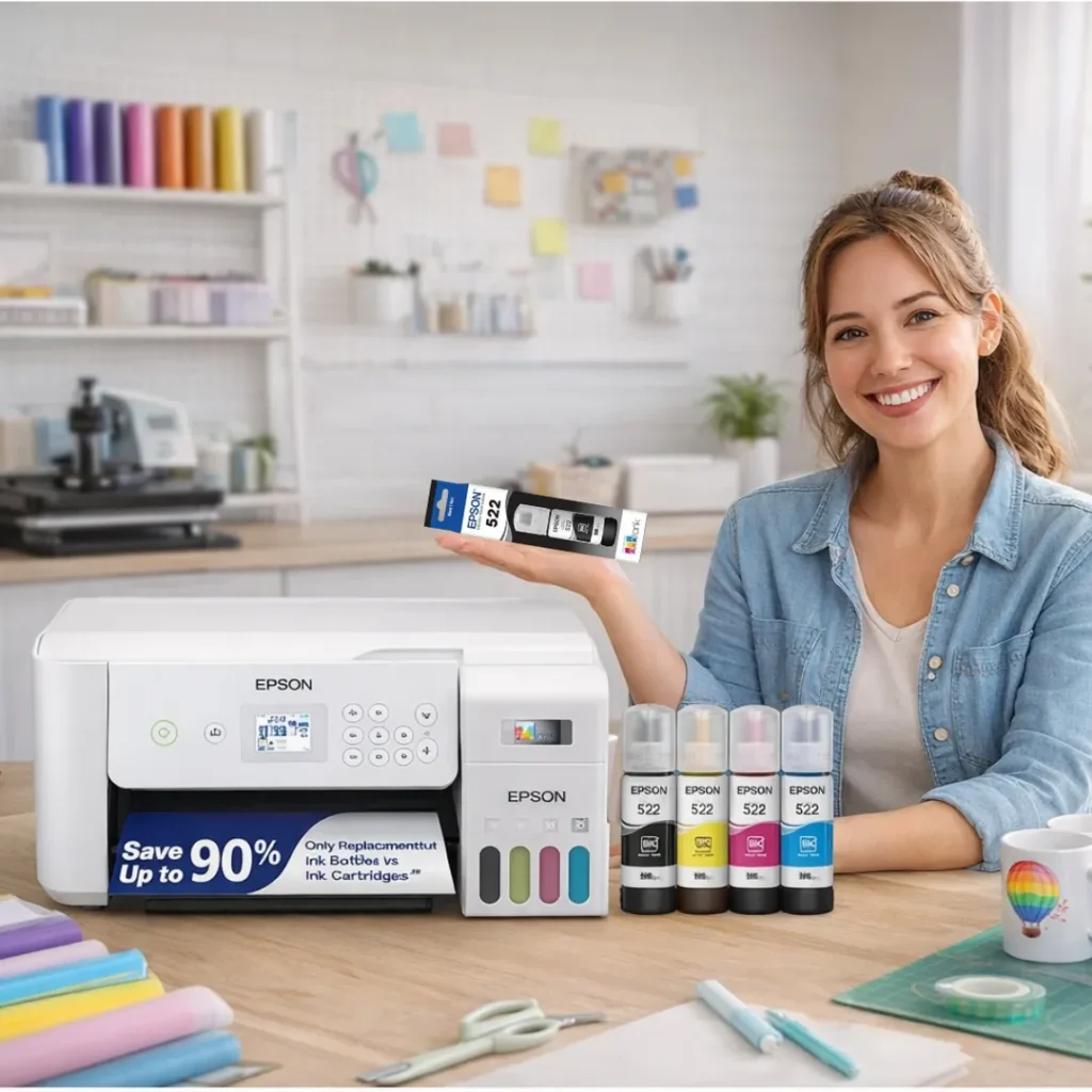 Woman presenting Epson EcoTank ET-2800 printer with ink tank bottles in a home craft workspace.