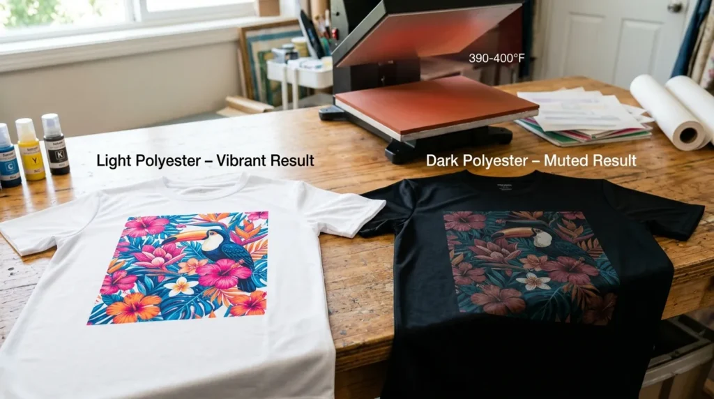 Side-by-side comparison of sublimation results on white and black polyester shirts showing vibrant versus muted colors.