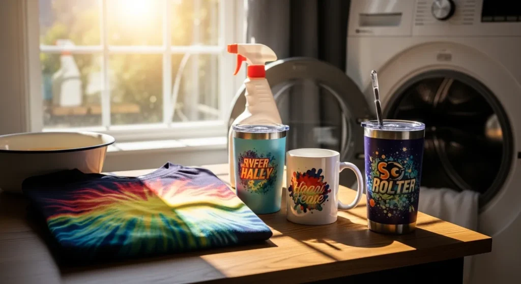 Sublimated shirt and mug exposed to sunlight near washing and cleaning products