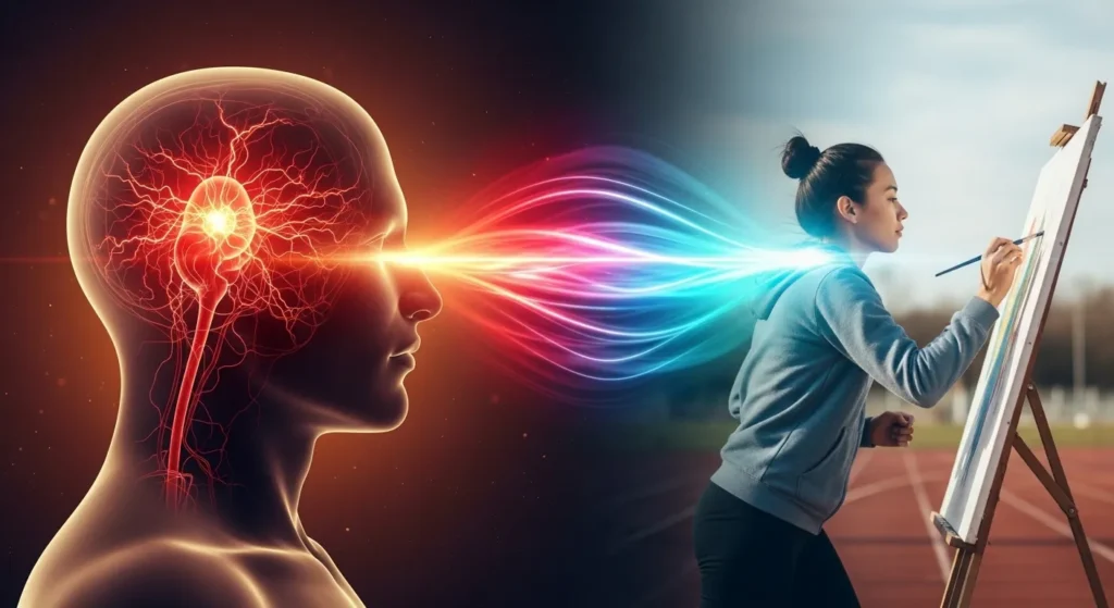 Illustration showing sublimation in psychology with a glowing red brain transforming into a person engaging in positive action like running or painting.