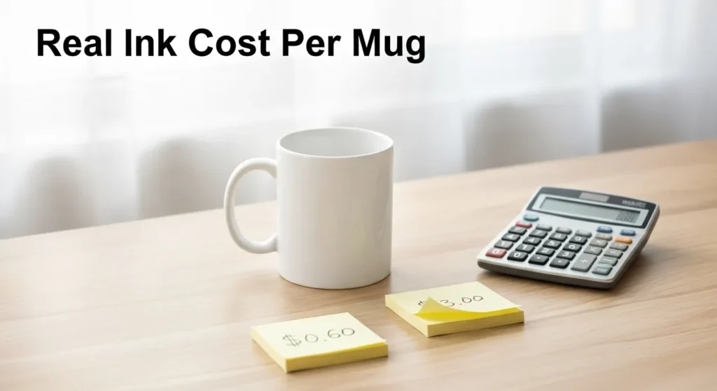 Close-up of sublimation mug with calculator and sticky notes showing ink cost comparison.