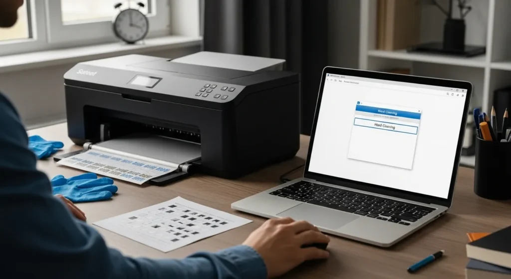 User running a head cleaning cycle from a sublimation printer maintenance menu with nozzle check sheets on the desk.