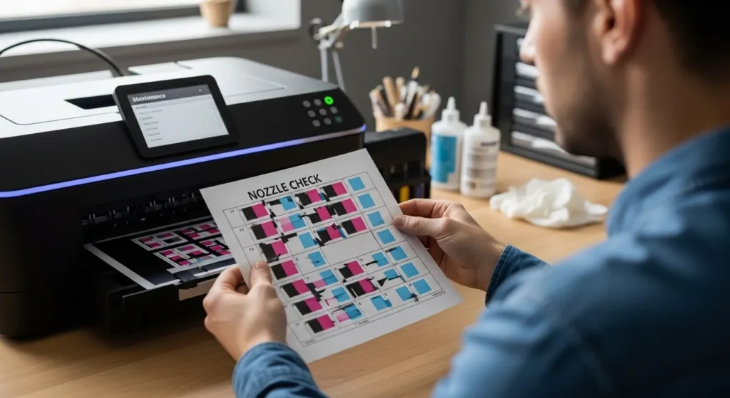Technician inspecting a sublimation printer nozzle check sheet with visible missing lines and broken color grids on a work desk.