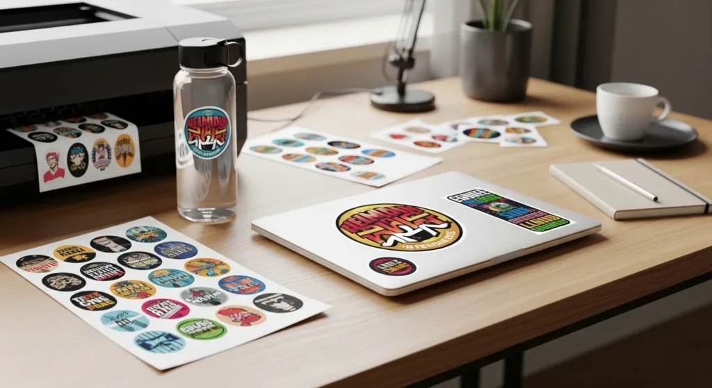 Sublimation sticker paper sheets with vibrant finished stickers applied to everyday items on a workspace