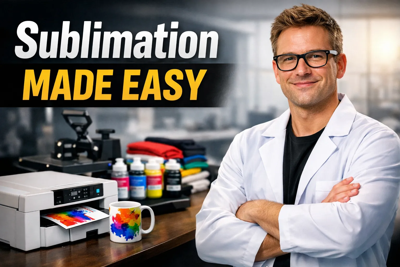 Man in a lab coat standing beside a sublimation printer and colorful mug, with text reading “Sublimation Made Easy” in a print workshop.