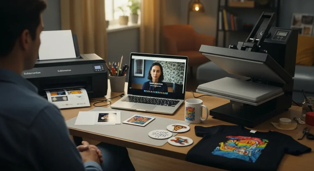 Sublimation workspace with printer, heat press, and laptop showing a sublimation tutorial.