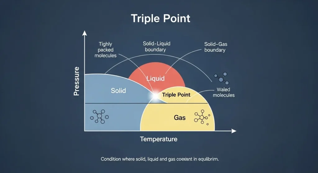 Phase diagram showing solid, liquid, and gas regions intersecting at the triple point under specific temperature and pressure conditions.