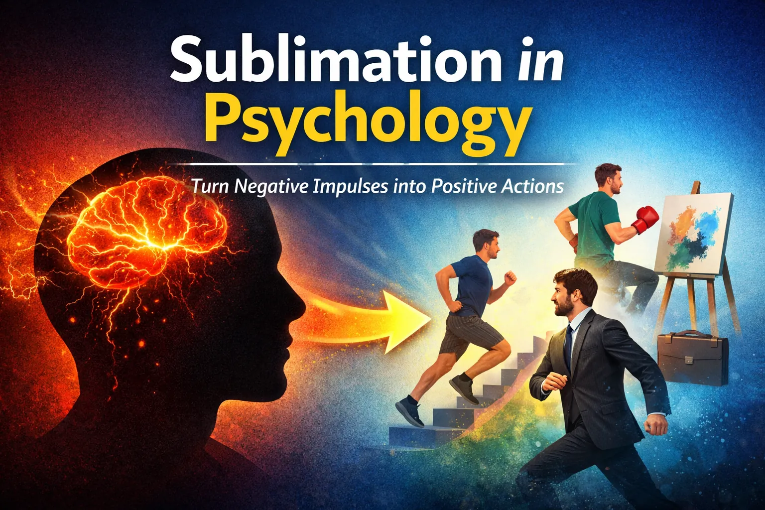 Thumbnail illustration of sublimation in psychology showing a human head with intense neural energy transforming into productive activities like running, painting, and career growth.