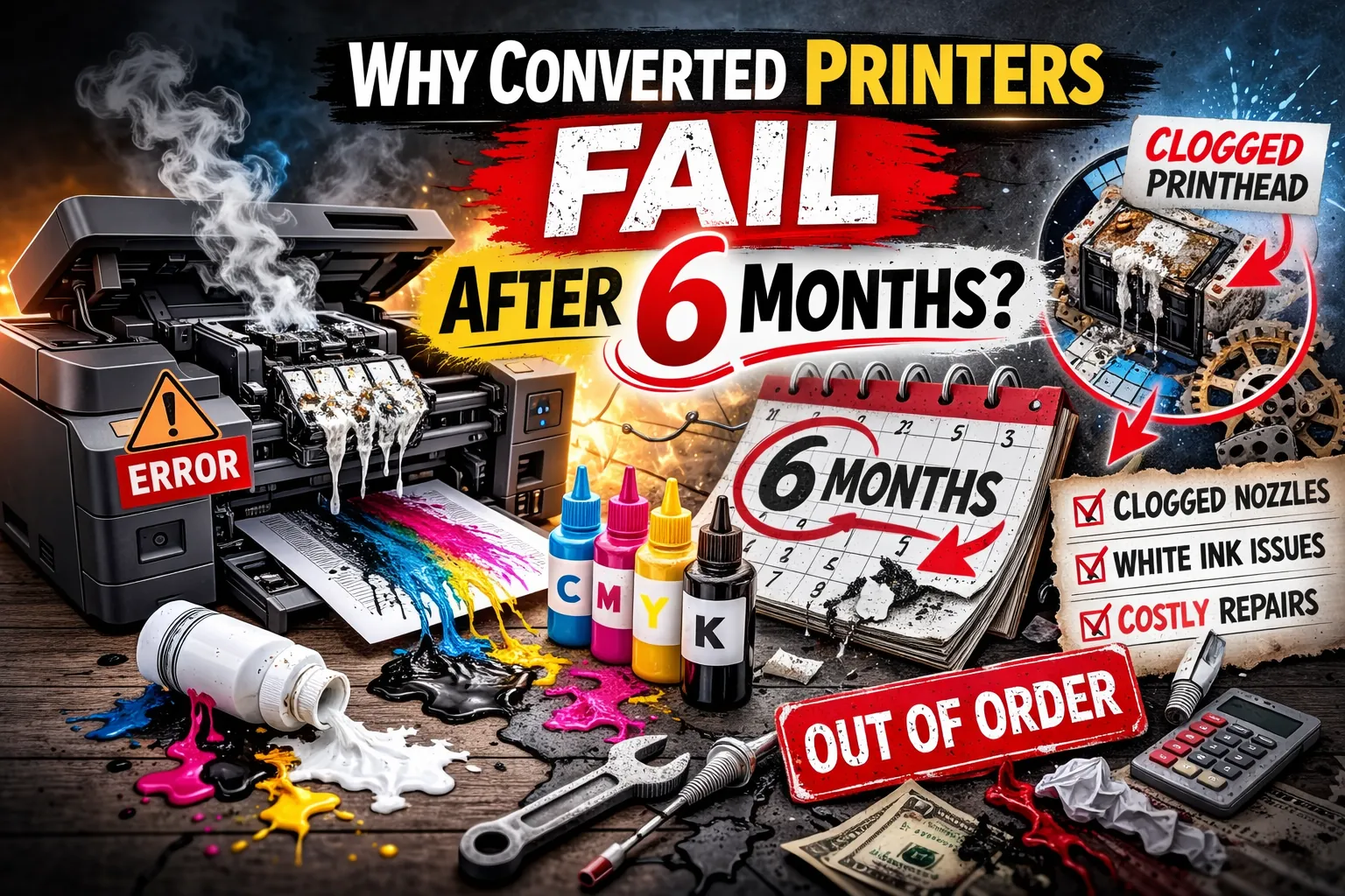 Dramatic thumbnail showing a malfunctioning converted printer with ink spills, error warning, clogged printhead, and “Fail After 6 Months” headline.