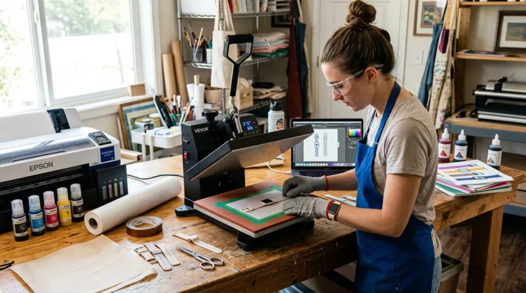 Woman using a heat press to sublimate a silicone watch band on a wooden worktable with sublimation tools in daylight.
