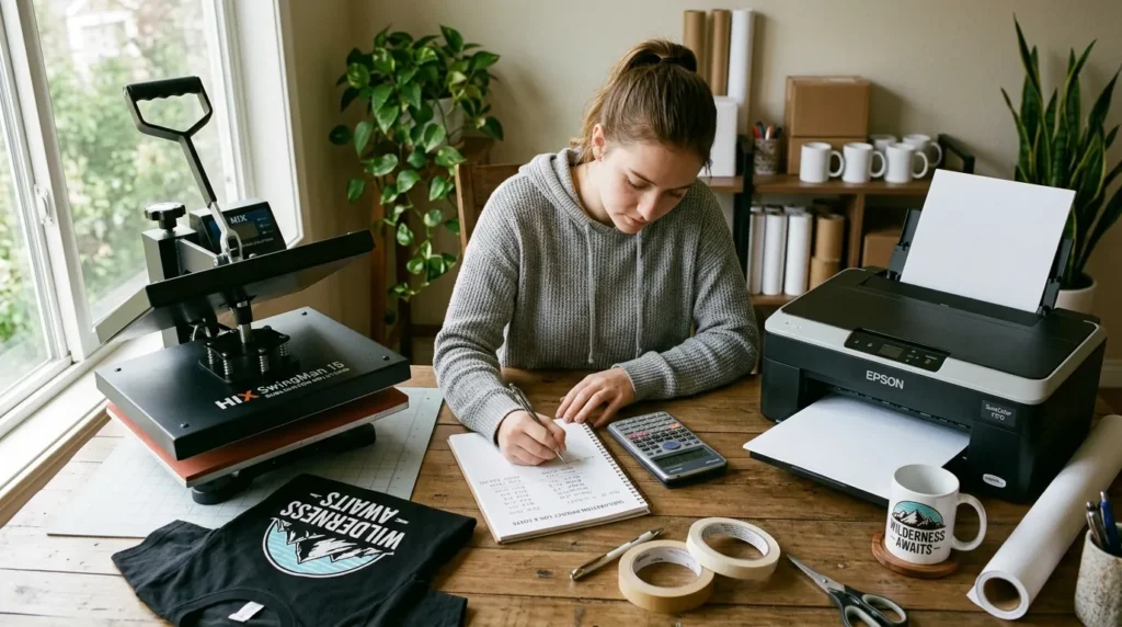 Beginner calculating sublimation costs in a home workspace with printed shirt and mug.