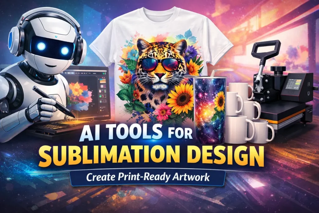 AI tools creating sublimation designs for shirts, tumblers, and mugs.