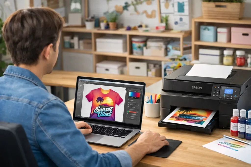 A man using software for Epson printer.