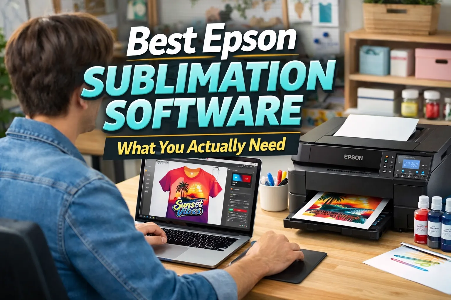 Person using Epson sublimation printer with design software open on laptop showing workflow setup.