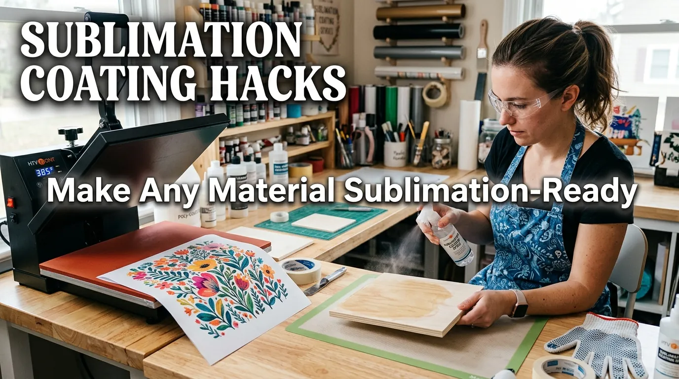 Person applying sublimation coating spray on wood before heat pressing a printed design.