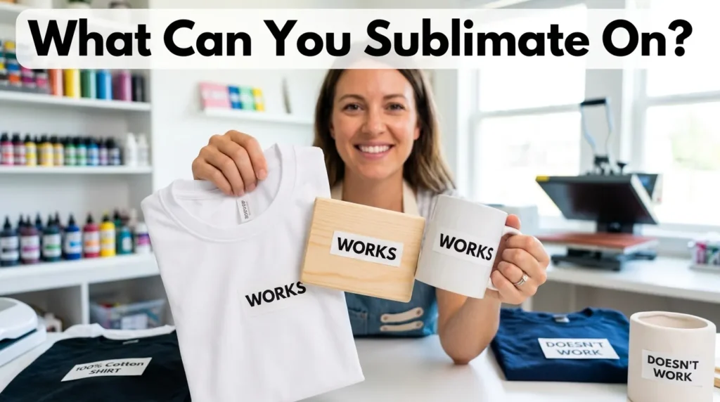 Crafter comparing sublimation materials like polyester shirt, mug, and wood panel with labels showing what works.