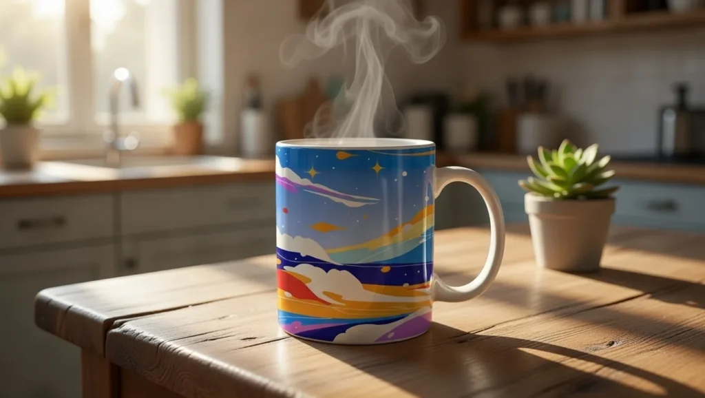 Custom ceramic mug with hot coffee on sunlit wooden table.