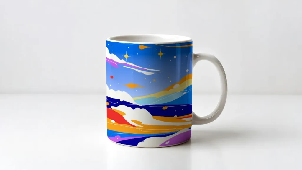 White ceramic mug with vibrant sublimation print on studio background.