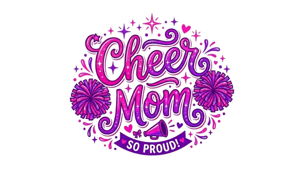 Cheer Mom sublimation design with pom-poms and school spirit elements.