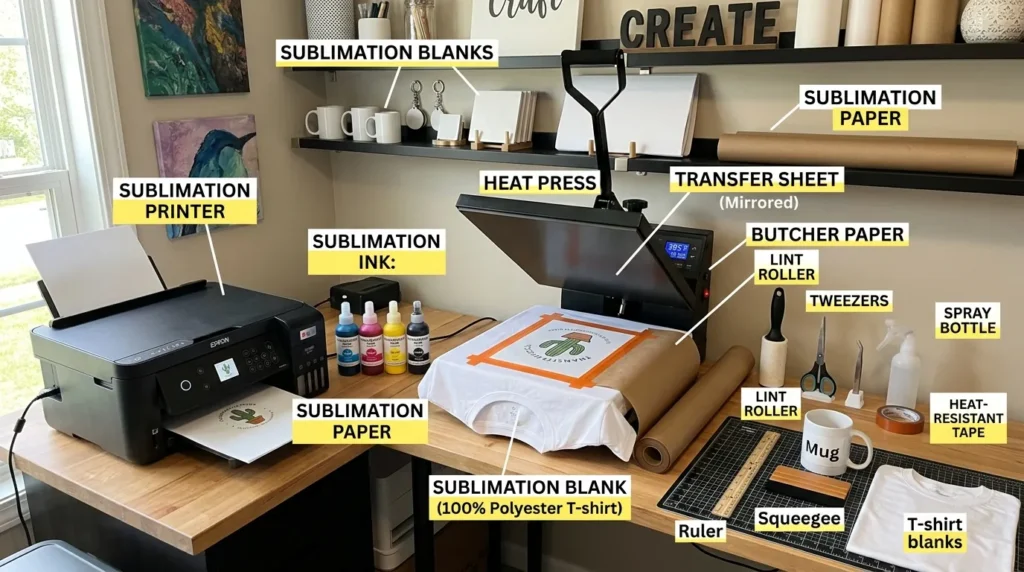 A beginner workspace showing a sublimation printer, heat press, and labeled tools with text overlays of common terms.