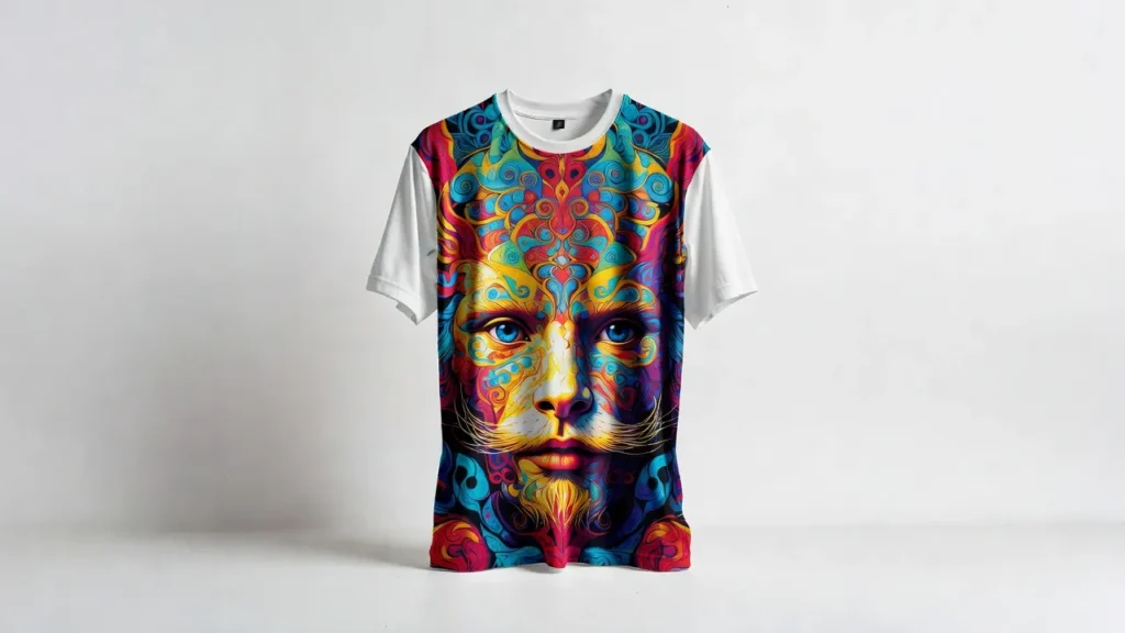 White polyester t-shirt with vibrant sublimation print on studio background.