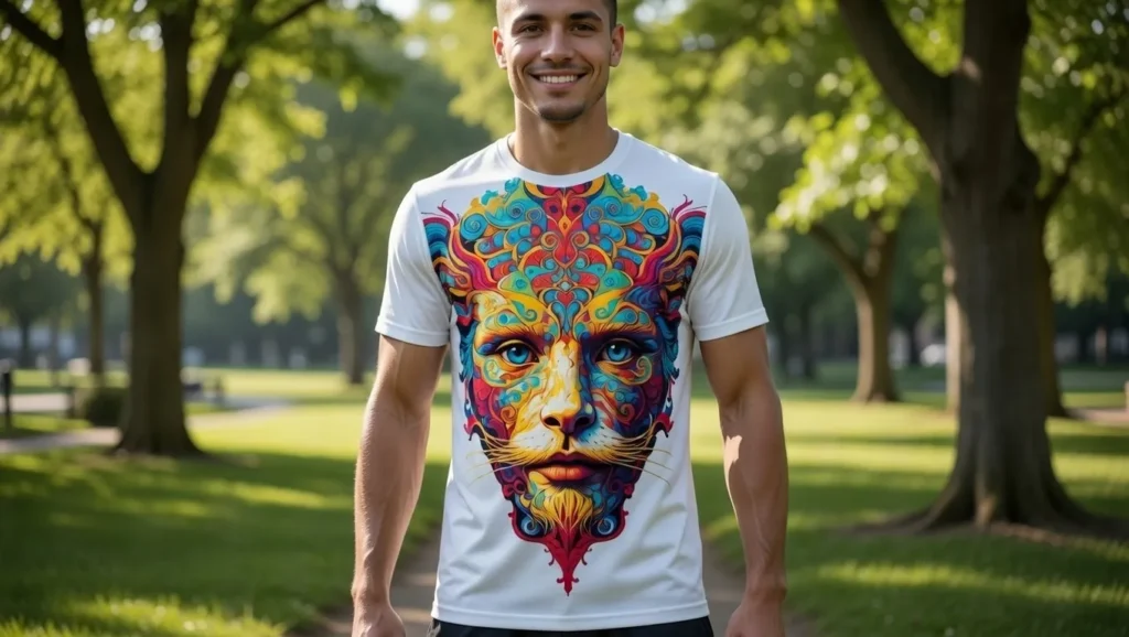Person wearing colorful polyester sublimation t-shirt outdoors.