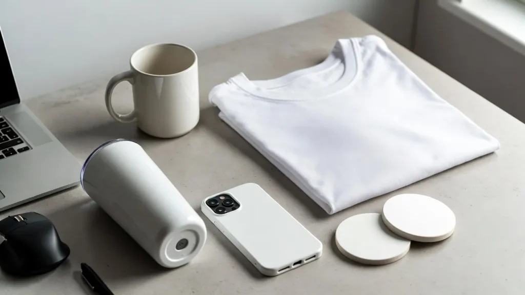 Sublimation blanks flat lay with mug, shirt, tumbler and laptop.