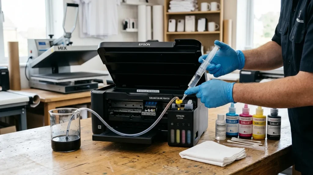 Gloved hand using syringe to flush sublimation printer ink in professional print studio workspace.