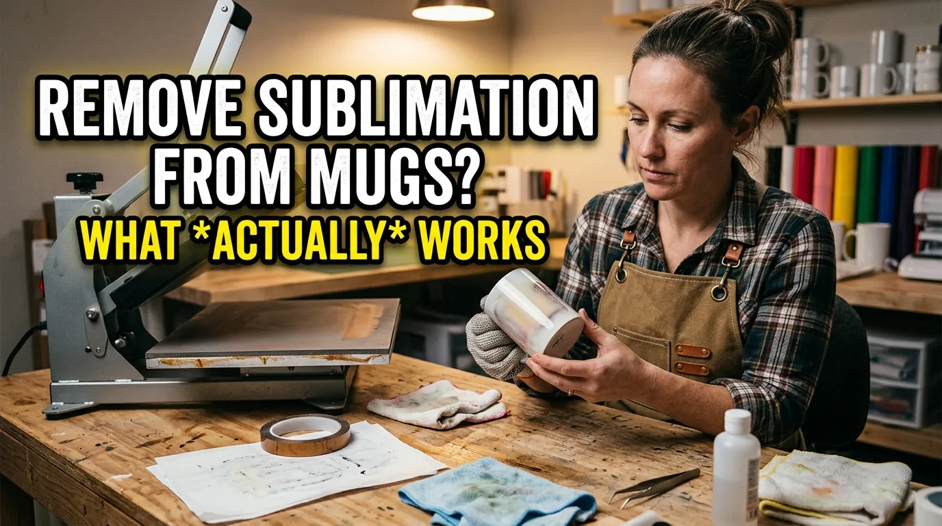 Crafter holding a sublimated mug beside a heat press workstation with tools.