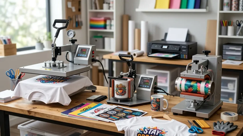 Flat heat press, mug press, and tumbler press used for sublimation printing in a small business workspace.