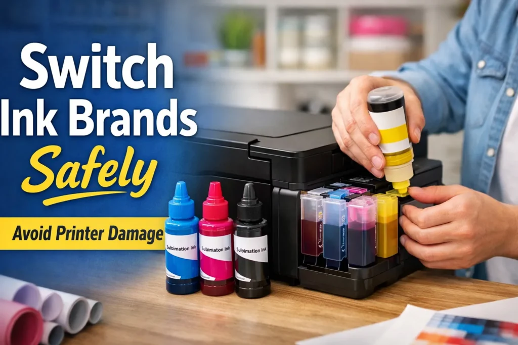 Crafter refilling sublimation printer ink tanks with new ink bottles while switching ink brands.