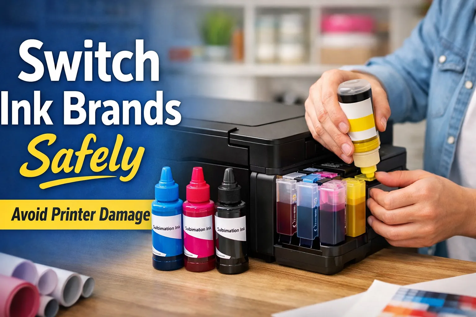 Crafter refilling sublimation printer ink tanks with new ink bottles while switching ink brands.