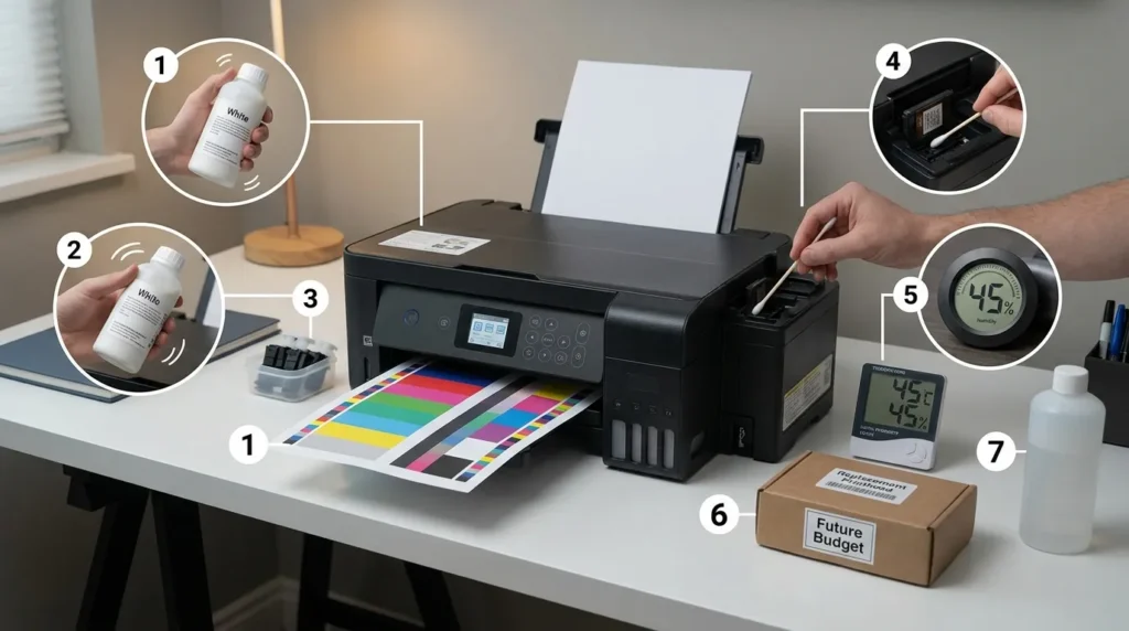 Seven-step maintenance checklist for converted DTF printer setup.