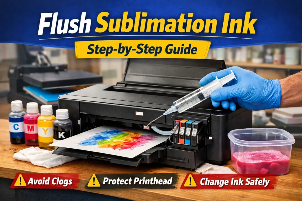 Person wearing blue gloves flushing sublimation printer with syringe in workshop, thumbnail text reads Flush Sublimation Ink Step-by-Step Guide.