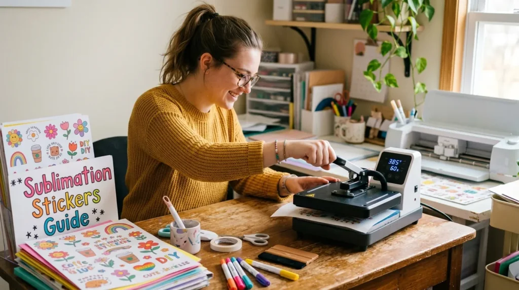 Beginner using a heat press to create colorful sublimation stickers at a home workspace with tutorial text overlay.