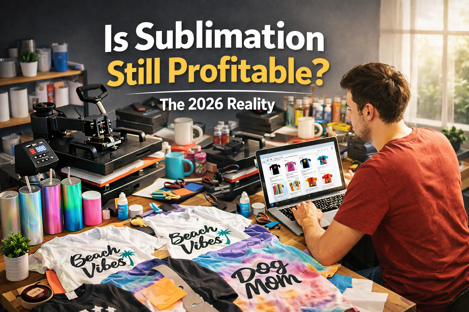 Entrepreneur using a heat press in a home sublimation workspace with text overlay about sublimation profitability in 2026.