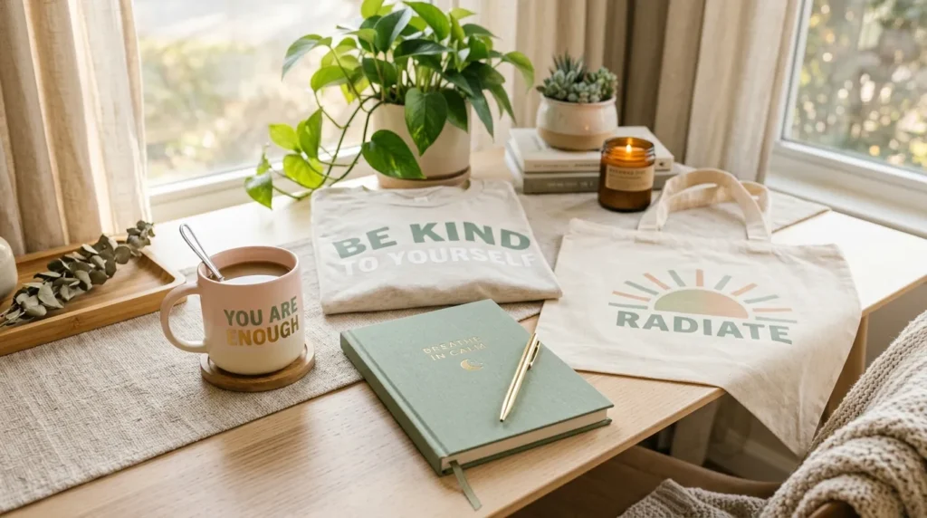 Lifestyle scene showing self-care themed sublimation products with affirmation quotes and pastel designs.