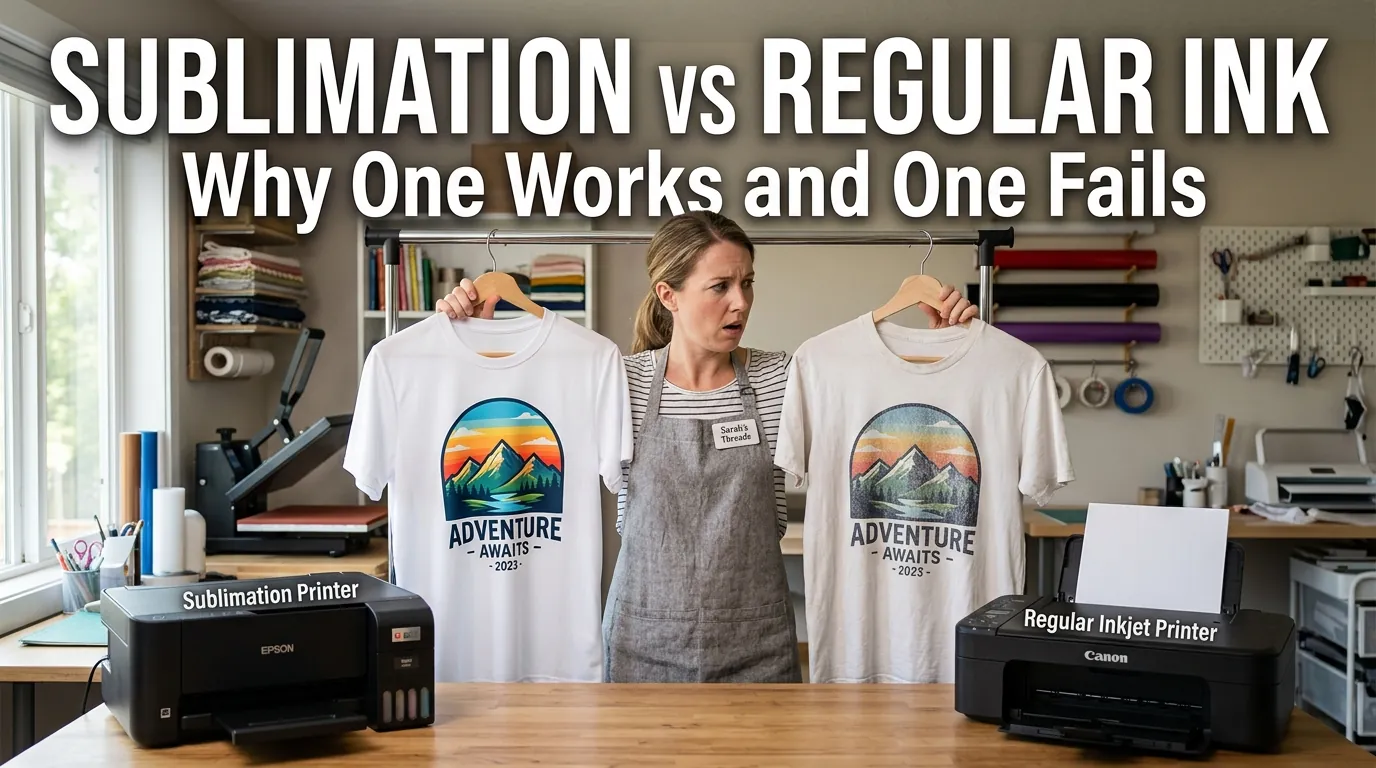 Small business owner comparing vibrant sublimation print and faded regular ink print with bold title text Sublimation vs Regular Ink.