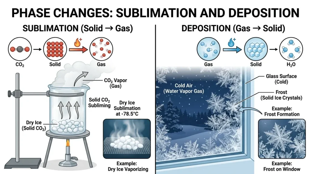 A split diagram showing sublimation (solid to gas) and deposition (gas to solid) with frost forming on glass and dry ice vapor.