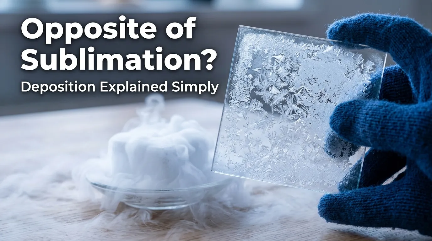 Person observing frost forming on glass next to dry ice vapor with educational text about sublimation and deposition.