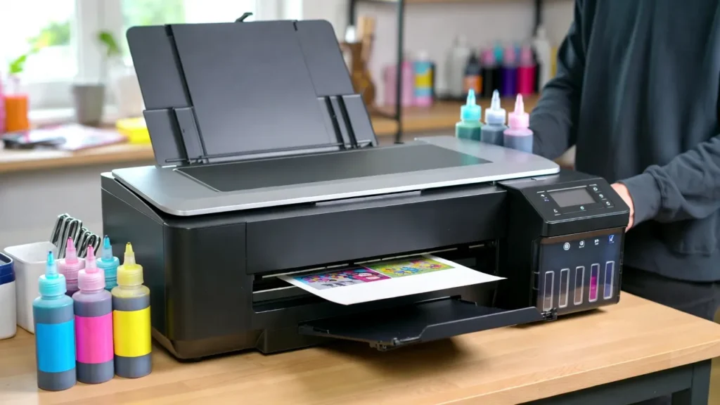 A sublimation printer with ink bottles beside it while a user prepares to refill the ink tanks in a crafting workspace.