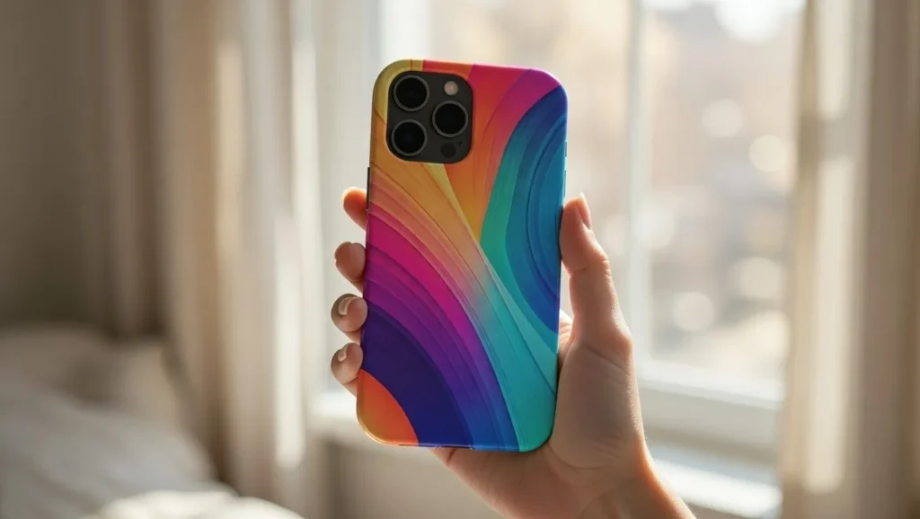 Person holding custom sublimation phone case in natural light.