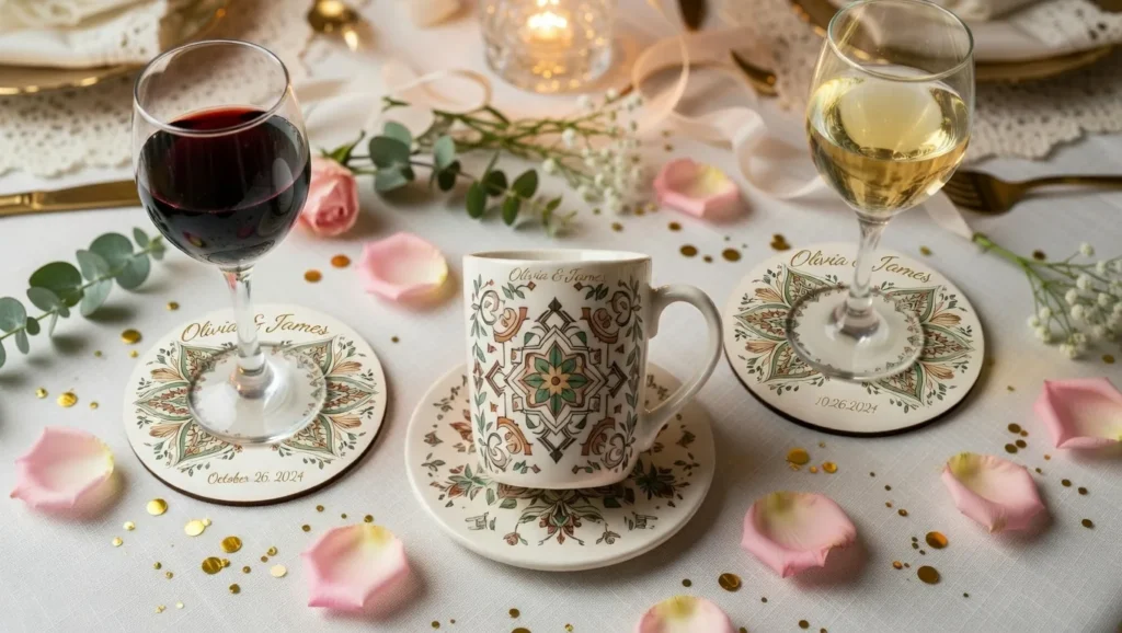 Personalized wedding coasters with names and date on table.