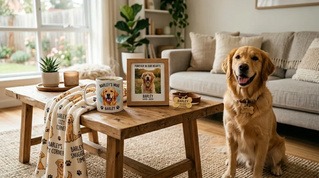 Lifestyle scene with personalized pet-themed sublimation products including mug, blanket, and pet portrait decor.