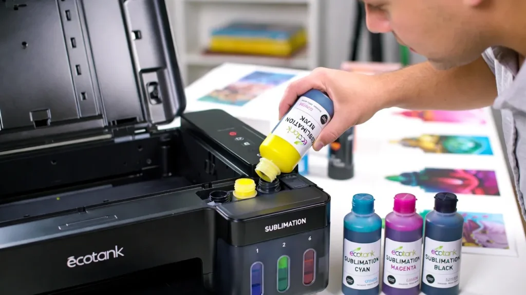 Refilling sublimation printer tanks with new sublimation ink bottles after flushing the printer system.