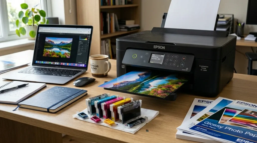 Inkjet printer printing colorful document on glossy paper in modern home office.