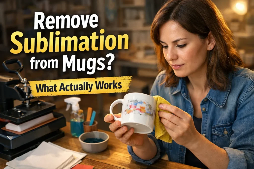 A woman visual with text info Trying to fix a sublimation mug mistake at a busy heat press workstation.