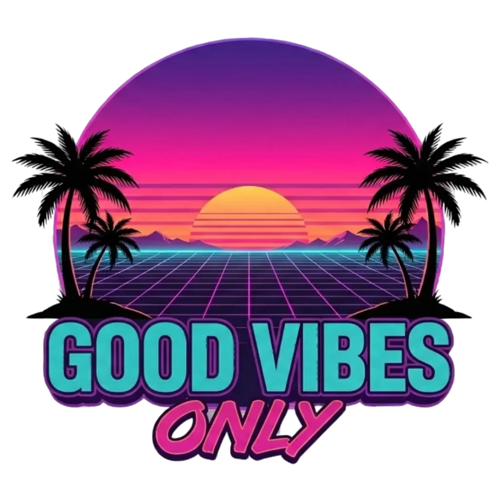 Neon retro wave sublimation design with palm trees and “Good Vibes Only” text.